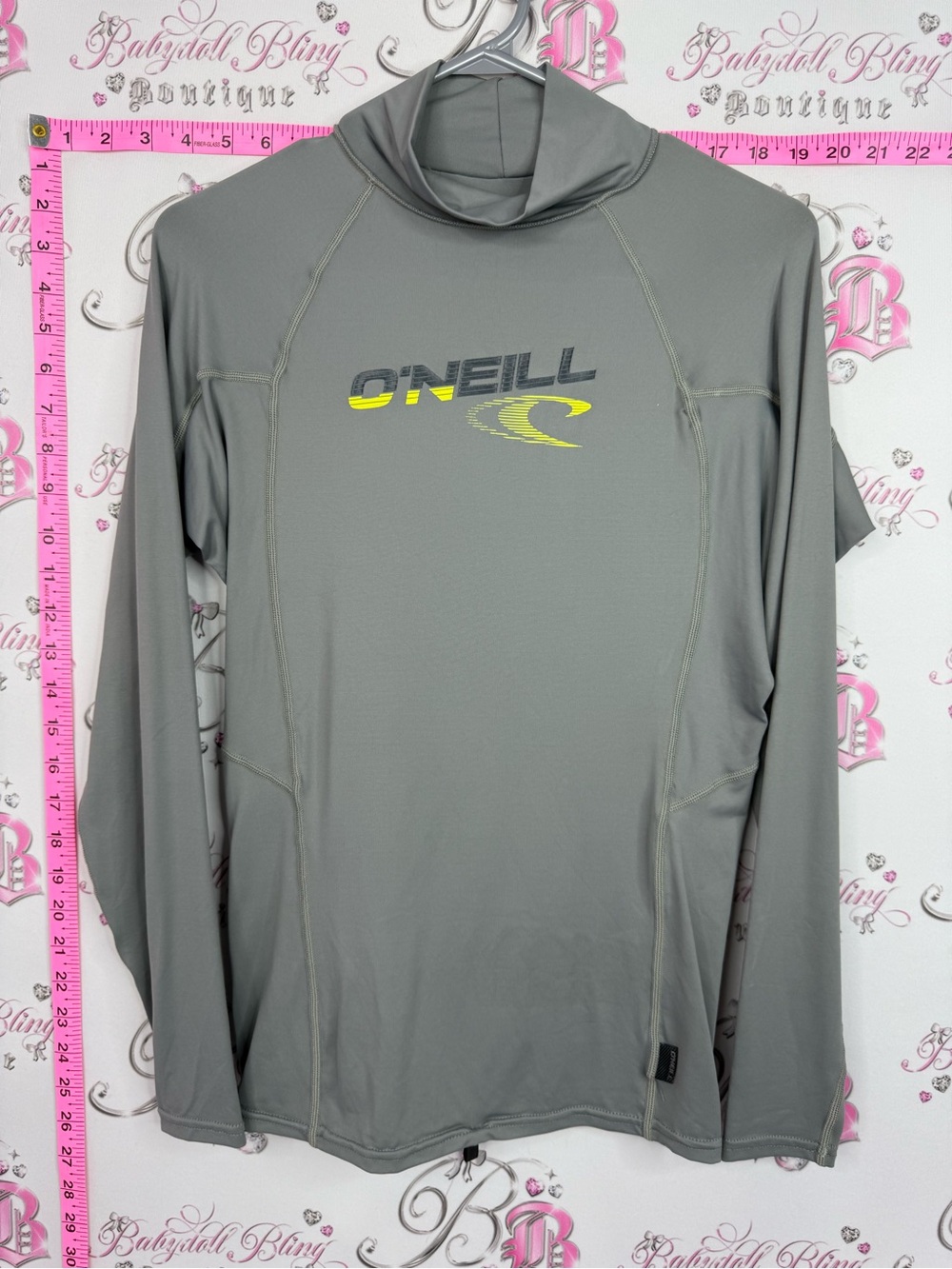 O'Neill UPF 50 sun shirt Grey Long Sleeve Hooded Rash Guard with Yellow Logo